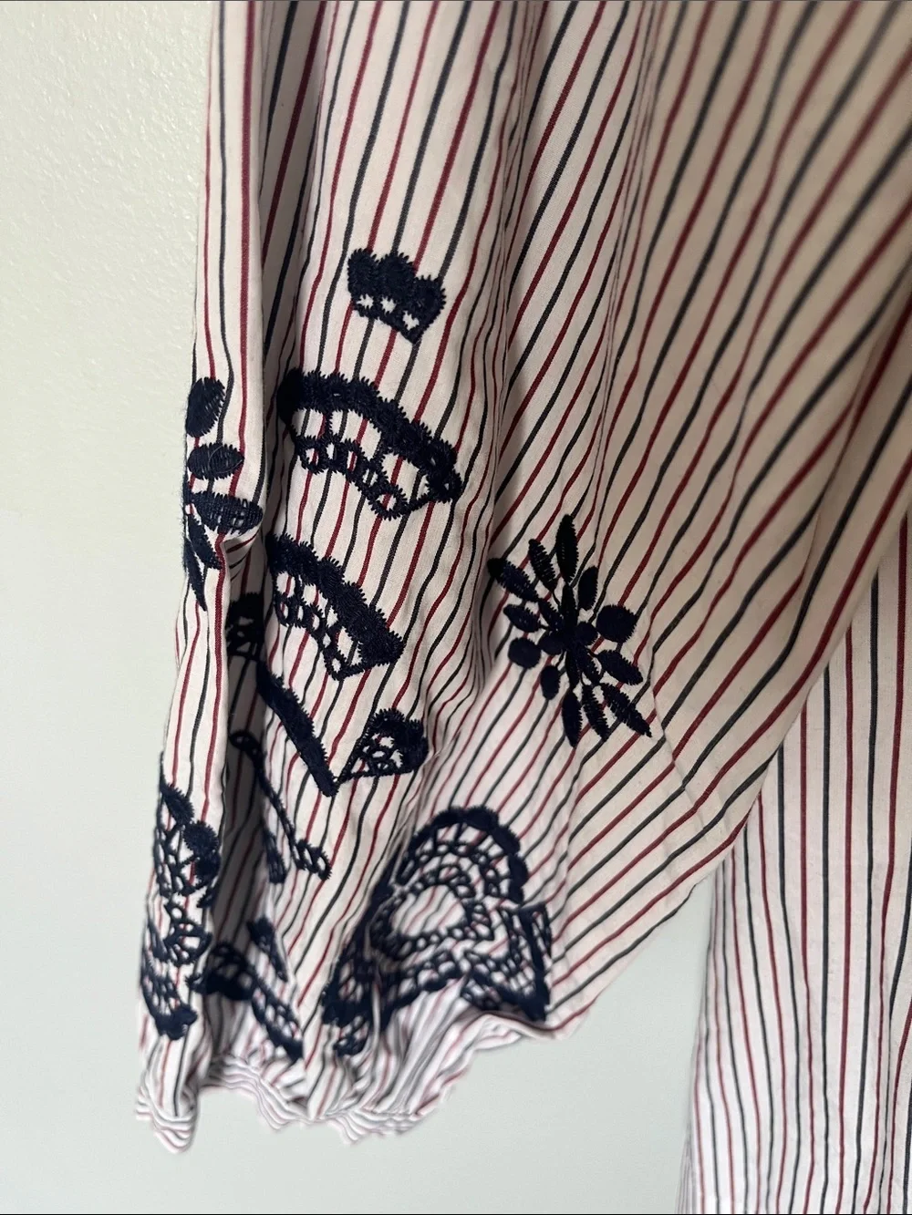 J. Crew Pink and White Striped Tie-Waist Blouse with Navy Embroidery